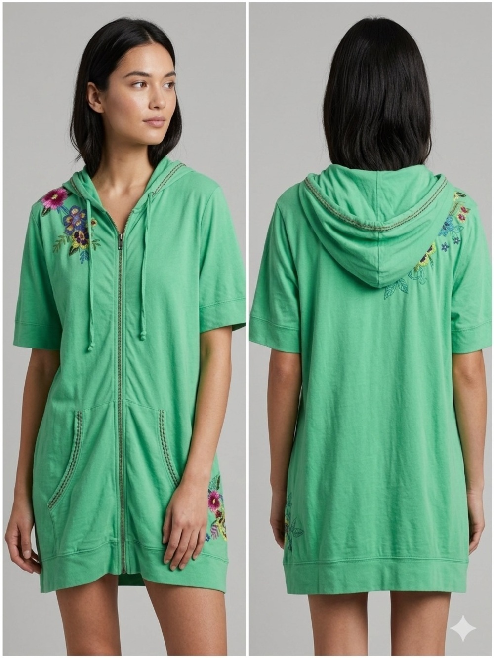 Johnny Was Green Floral Embroidered Short Sleeve Full Zip Hoodie - Medium